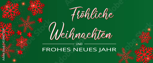 Karte oder Banner für frohe Weihnachten und ein glückliches neues Jahr in Weiß auf grünem Hintergrund mit Schneeflocken, Sternen und roten Pailletten auf jeder Seite