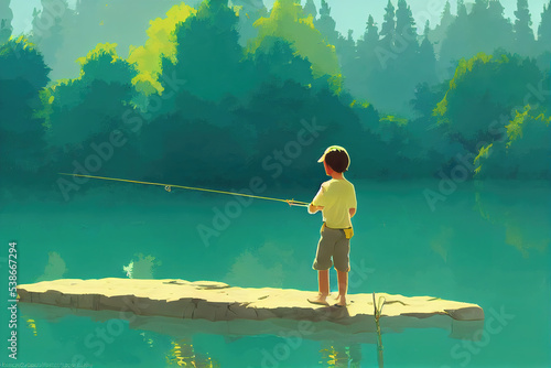 boy with a fishing rod at the lake, cartoon art
