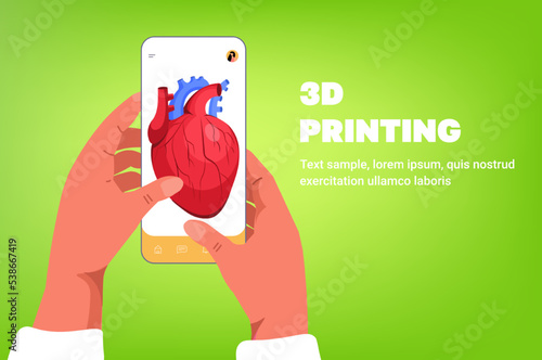 hands using smartphone with human transplantation organ heart model on screen medical printing biological engineering