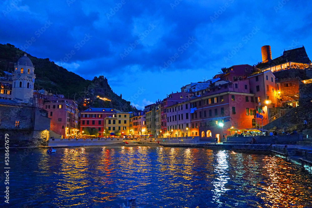 Dusk at the harbor in Vernazza in the Cinque Terre, Italy