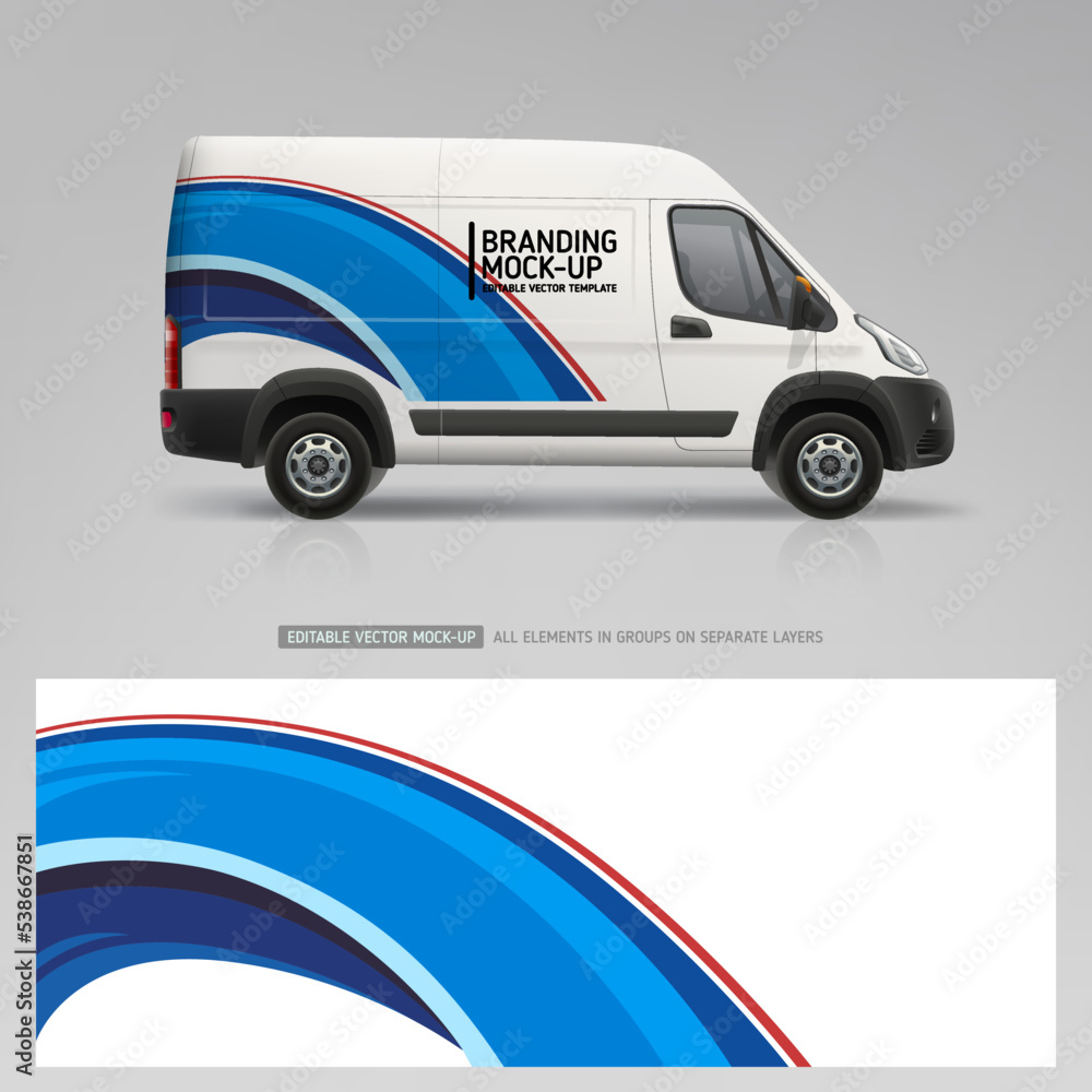 Company Van mockup and branding sticker wrap design. Abstract graphics