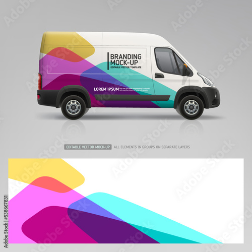 Company Van mockup and branding sticker wrap design. Abstract graphics corporate identity for company car.  Corporate Van mockup. Vehicle branding graphics. Business flyer. Editable vector template