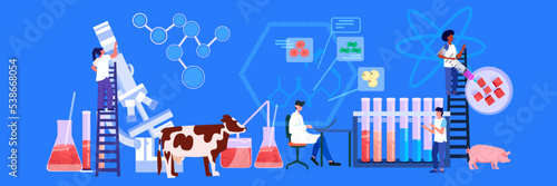 scientists team analyzing cultured red raw veal made from animal cells artificial lab grown meat production concept