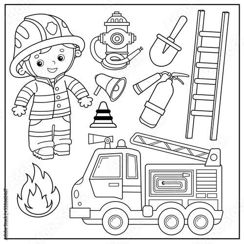 Coloring Page Outline Of cartoon fire truck with fireman or firefighter. Profession. Fire extinguishing tools. Coloring Book for kids.