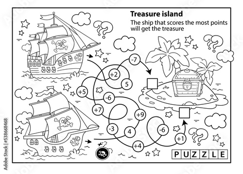 Math addition game. Puzzle for kids. Maze. Coloring Page Outline Of cartoon pirate ships with treasure island. Coloring Book for children.