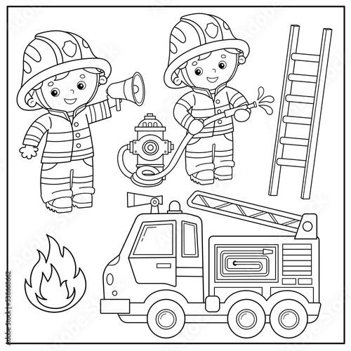 Coloring Page Outline Of cartoon fire truck with firemen or firefighters. Profession. Coloring Book for kids.