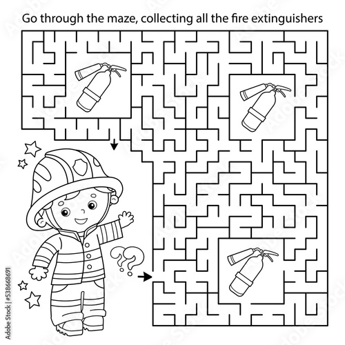 Maze or Labyrinth Game. Puzzle. Coloring Page Outline Of cartoon fireman or firefighter with a extinguisher. Coloring book for kids.