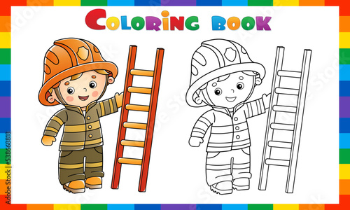 Coloring Page Outline Of cartoon fireman or firefighter with a fire extinguishing ladder. Profession. Coloring Book for kids.