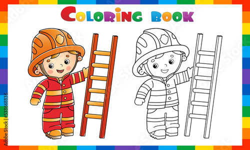 Coloring Page Outline Of cartoon fireman or firefighter with a fire extinguishing ladder. Profession. Coloring Book for kids.
