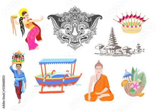 set of balinese symbols of bali island, vector illustration.