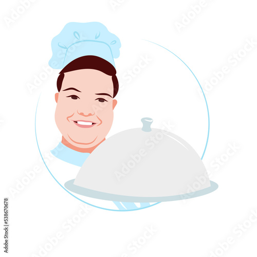 chef in chef hat with covered tray, logo, illustration isolated on white background