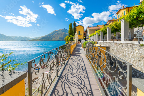 The colorful Italian resort village of Varenna, Italy, along the shores of Lake Como at summer, in the Northern Lombardy region. photo