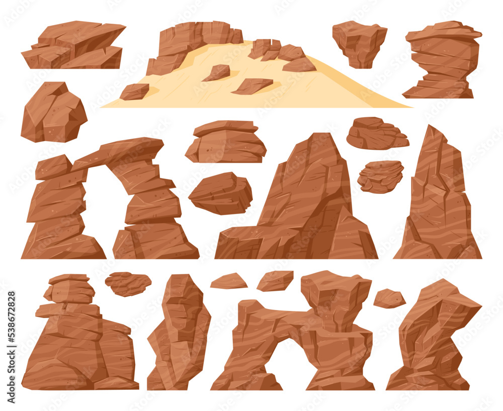 Cartoon sand desert rock, stone canyon landscape elements. Western desert rocks view, nature brown cracked mountain pieces flat vector symbols set. Canyon rock collection - obrazy, fototapety, plakaty 