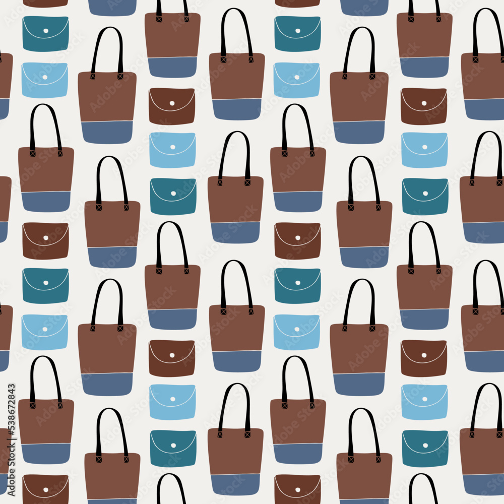 Seamless stylish pattern with beauty drawn womans shopping bags. Decorative fashion background handbags and wallets, pouches Seamless stylish pattern with beauty drawn womans shopping bags. Decorative fashion background handbags and wallets, pouches
