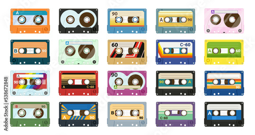 Cartoon vintage music tape, retro style cassettes. Stereo mix, analogue player old tape, 80s tape record flat vector symbols illustration collection. Audio 90s music cassette set photo