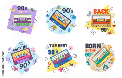 Cartoon retro cassette tape  80s music party badges. Flat audio and stereo  music audiocassette  90s pop culture song tape vector symbols illustration set. Analogue player old tape stickers