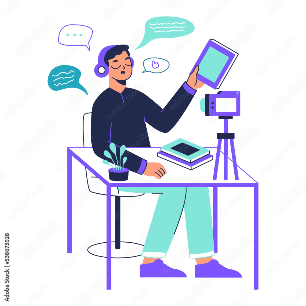 Fototapeta premium Blogger making photo and video content, book review concept. Vlogging man reviewing book novelties, subscription and followers attraction vector illustration set. Content creator character