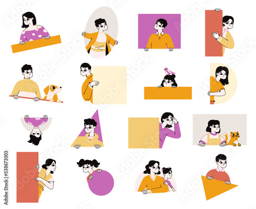 Peeping people, curious characters spying through geometry shapes. Men and women looking out through windows flat vector illustration collection. Spying curious people set