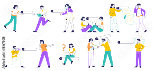 People with search bars, characters browsing online. Web searching, answer finding, man and woman surfing internet flat vector illustration set. Search bars concept scenes