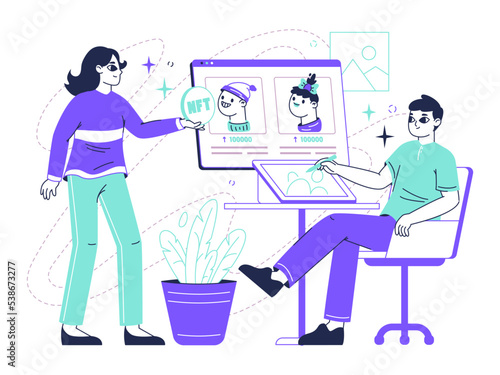 Outline non fungible token market, digital crypto art concept. NFT tokens cryptocurrency selling and buying, crypto masterpieces flat vector illustration. Exclusive NTF arts
