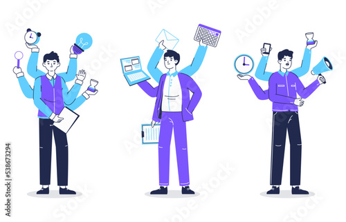 Productive, multitasking business people. Professional office workers doing many things simultaneously, multitasking characters flat vector illustration collection. Busy business people set