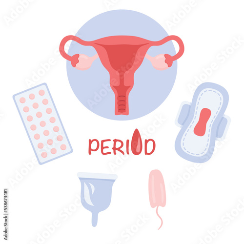 Flat illustration of uterus and feminine hygiene products. Set of elements, sanitary napkin, pad, tampon and contraceptive pills. Period lettering.