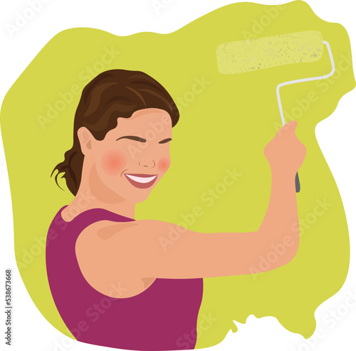 The girl paints the wall with a roller. The painter is a vector character. The concept of repair. © Ольга Хандоженко