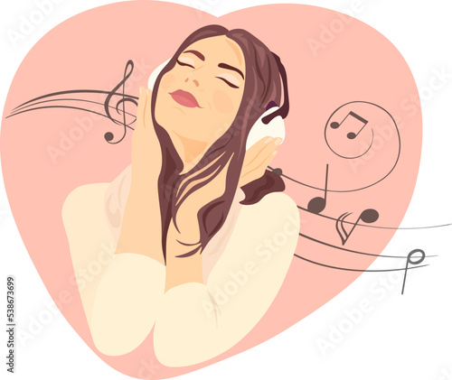A pretty girl is enjoying music with headphones. Music lover vector. The concept of love for music