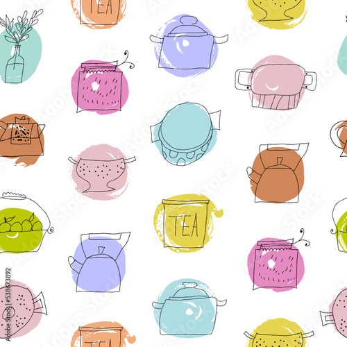 Vector eamless pattern with dishes, kitchen utensils, kitchenware, cooking utensils with watercolor backgrounds