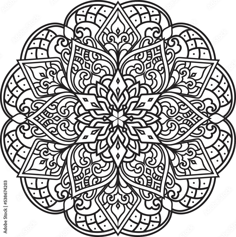 Mandala isolated on the white background. Template for coloring book page. Oriental mystical pattern. Mandala isolated on the white background. Template for coloring book page. Oriental mystical pattern.