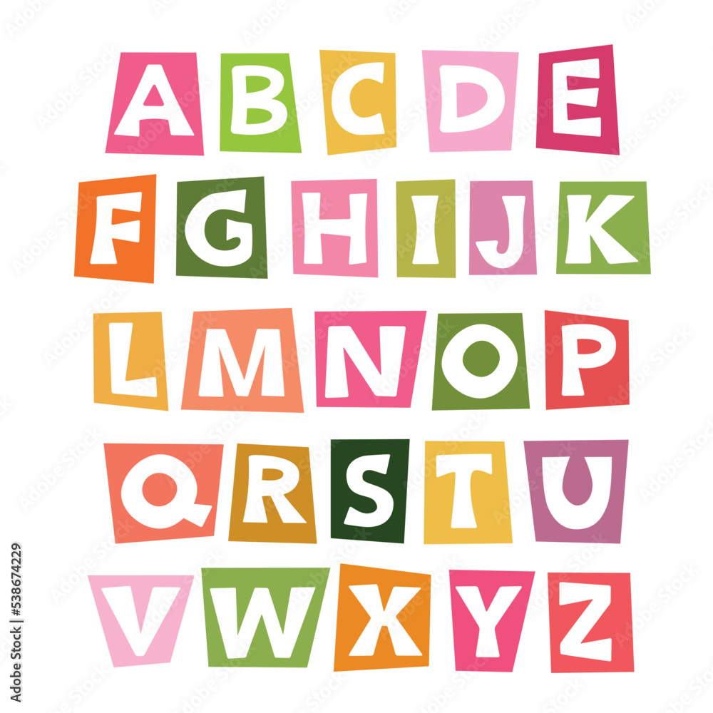 Colorful childish alphabet for primary school, kindergarden, nursery. 