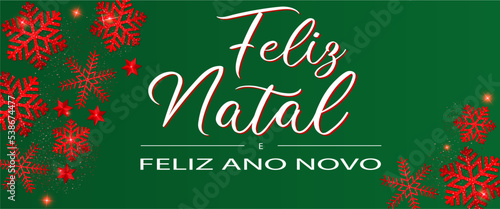 cartão ou banner para um feliz natal e um feliz ano novo em branco sobre um fundo verde com flocos de neve de cada lado, estrelas e lantejoulas vermelhas