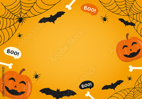 Halloween Background vector illustration. Spider web with halloween pumpkin frame on orange background.