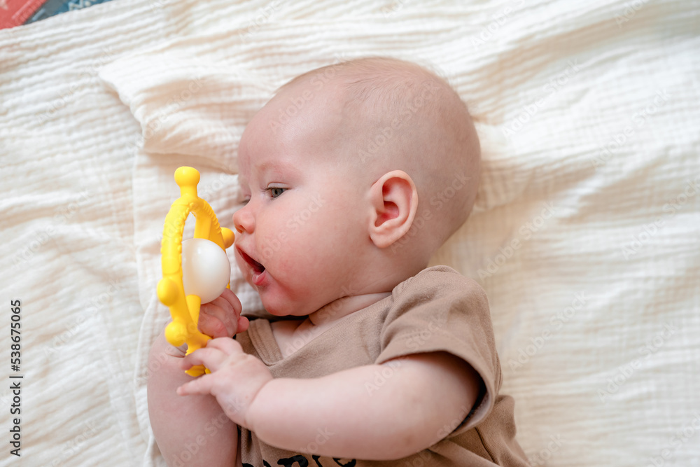 Cute baby is playing and gnawing a teether toy Cute baby is playing and gnawing a teether toy