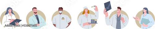 Doctor avatars. Hospital team, doctors nurses at work. Medical staff portraits, therapist and surgery, pharmacist with medicines, mri or radiologist, vector set