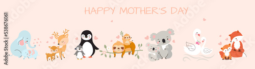 Mothers day banner with cartoon baby and mother animals. Wild pair characters, cute koala sloth penguin. Mom and kid, nowaday vector family set
