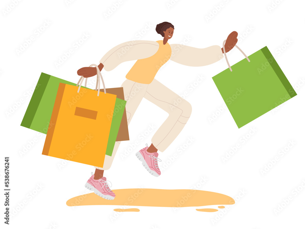 Young woman carries Shopping Packages. Cartoon character after successful shopping. Girl with colorful shopping bags in hands. Fashion buyer with lot of purchases Hand drawn Vector illustration Young woman carries Shopping Packages. Cartoon character after successful shopping. Girl with colorful shopping bags in hands. Fashion buyer with lot of purchases Hand drawn Vector illustration