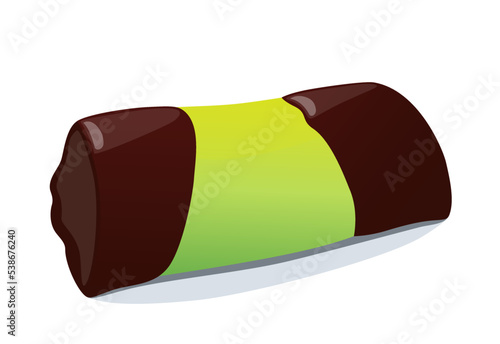 Vector green candy dammsugare, traditional swedish punch roll with marzipan, flat illustration of sweet punschrulle isolated on white
background