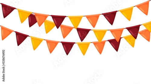 Thanksgiving bunting. Orange, red and yellow flag garland. Autumn holidays party decoration. Fall pennants chain.Celebration cartoon flags for decor. Footer and banner background