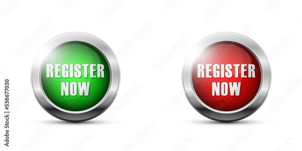 Register now button icon. Red and green spheres with lettering. Flat vector illustration. Register now button icon. Red and green spheres with lettering. Flat vector illustration.