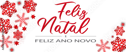 Cartão ou banner para um Feliz Natal e um Feliz Ano Novo em um fundo branco com flocos de neve, estrelas e glitter em cor vermelha
