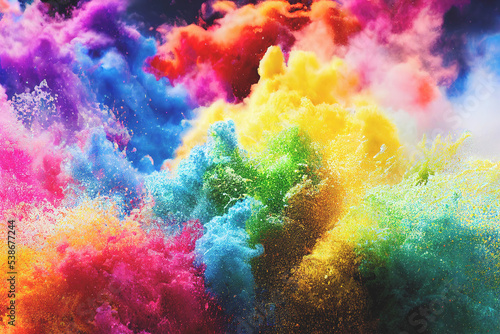 Colorful rainbow paint color powder explosion on black background. 3d illustration.