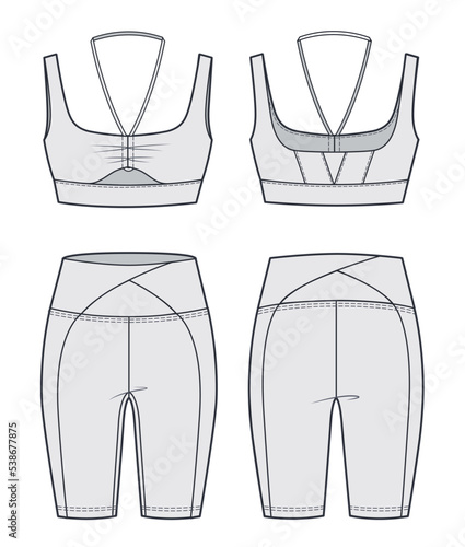 Girl's sport strappy Bra and Cycling Short technical fashion Illustration. Women's Crop Top and Leggings fashion flat technical drawing template, front, back view, grey, CAD mockup set.