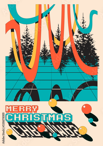 Vintage Style Abstract Christmas And New Year Greeting Card. 1980s Retro Design Winter Holidays Creative Illustration
