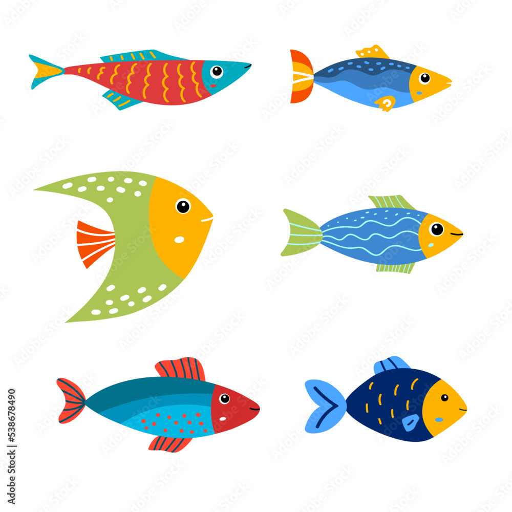 Cartoon fish. Set of isolated cute fish for childrens products