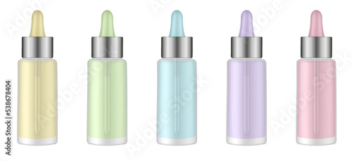 Set of serum bottles with pipette. Dropper. Glass container. Yellow, green, blue, purple and pink transparent liquid. Serum, essence or perfume. Vape e-liquid
