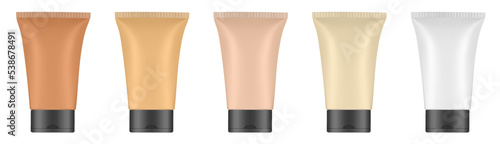 Set of nude beige tubes. 3d mockup. Shades of natural beige color. Concealer or foundation. Salve or ointment. Black cap. Plastic bottle.	