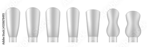 Set of white cosmetic tubes. Realistic mockup. Korean packaging. Lotion or shower gel. Conditioner or hair mask