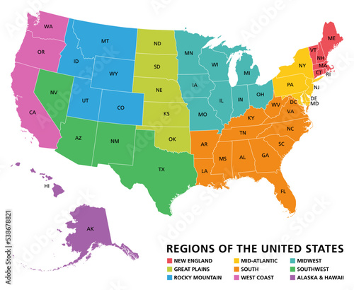 Regions of the United States of America, political map. The nine regions New England, Great Plains, Rocky Mountain, Mid Atlantic, South, West Coast, Midwest, Southwest, Alaska and Hawaii. Illustration photo
