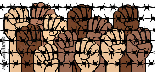 repression or oppression hand barbed wire. protest symbol. World refugee day, Cartoon hands holding barb wire. Clenched fist with barbed wire, resistance and revolution. Day of abolitionism. Freedom. photo